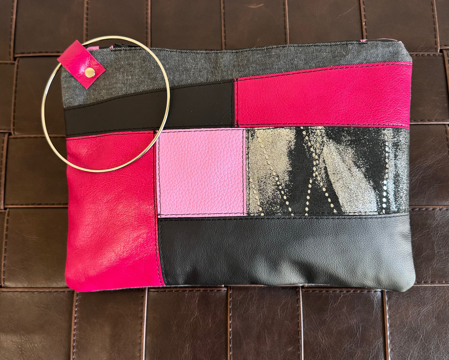 Pink & Black Leather Large Ring Clutch