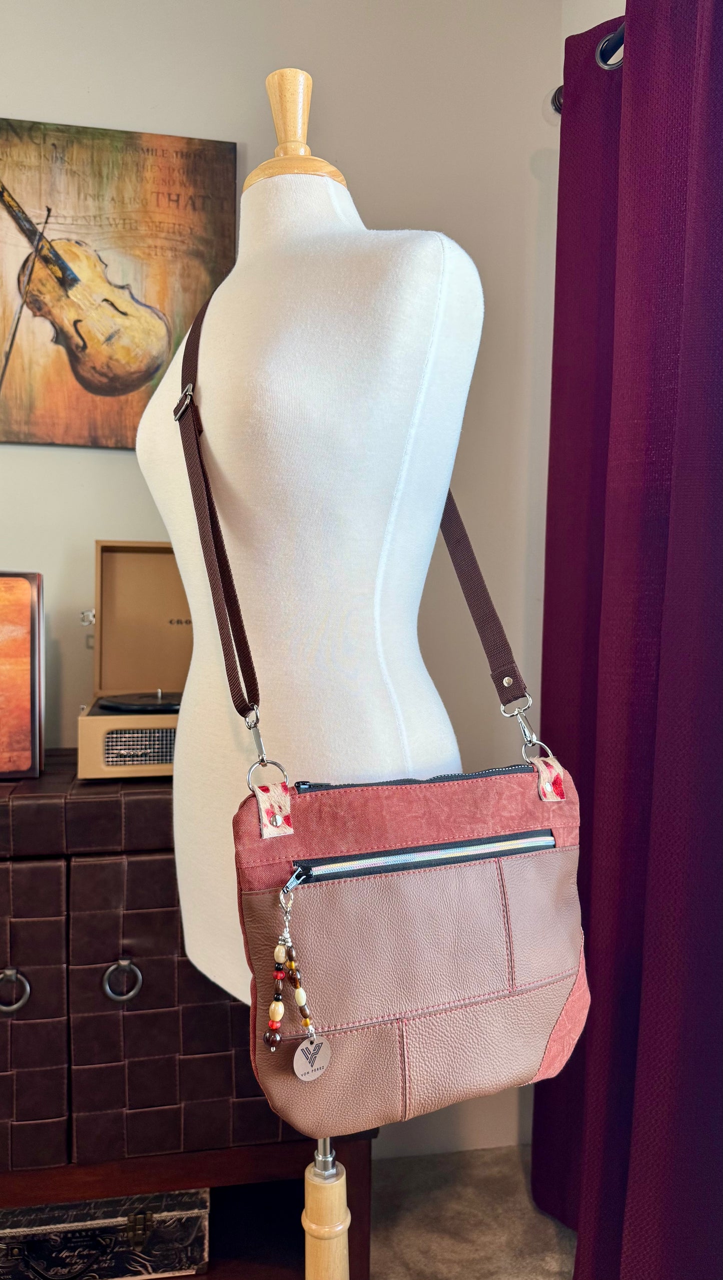 Brown Leather & Red Denim Crossbody