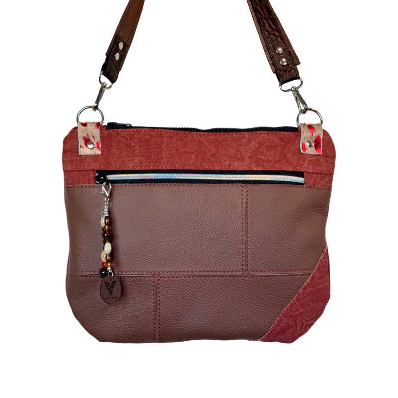 Brown Leather & Red Denim Crossbody