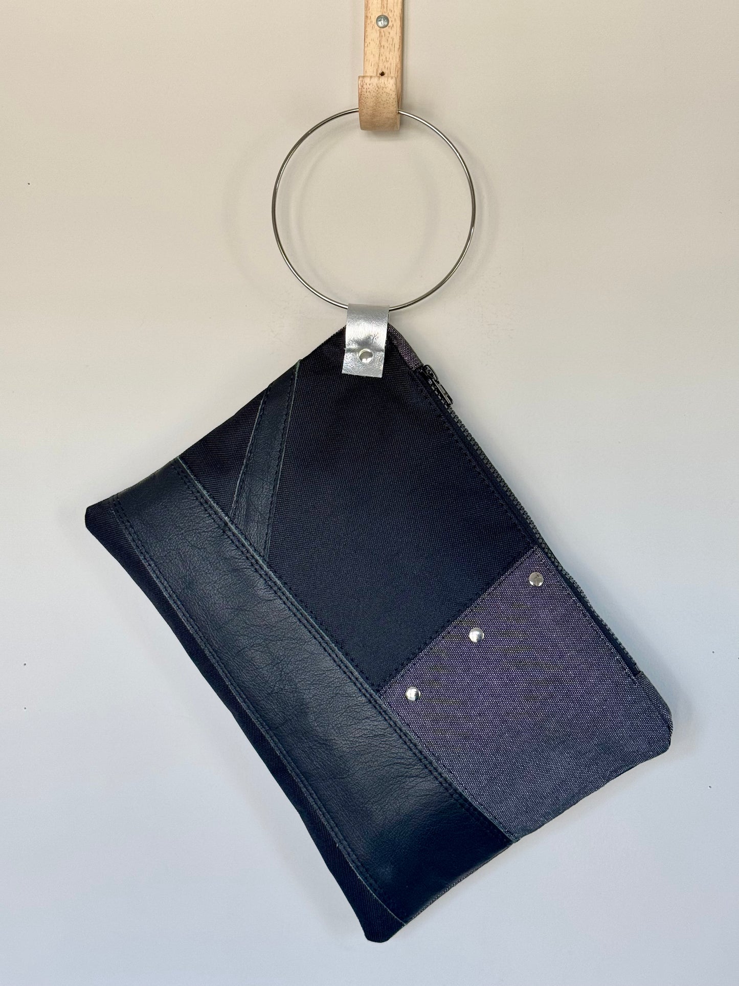 Black Leather & Denim Large Clutch