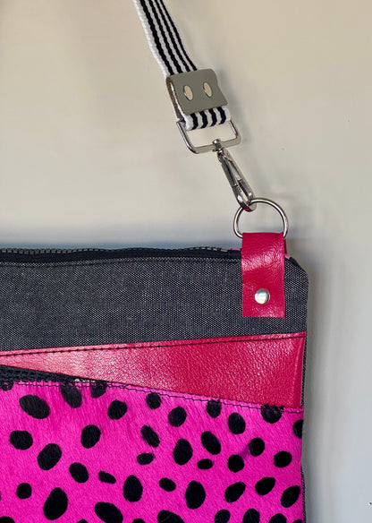 Pink & Black Leather Large Clutch/Crossbody