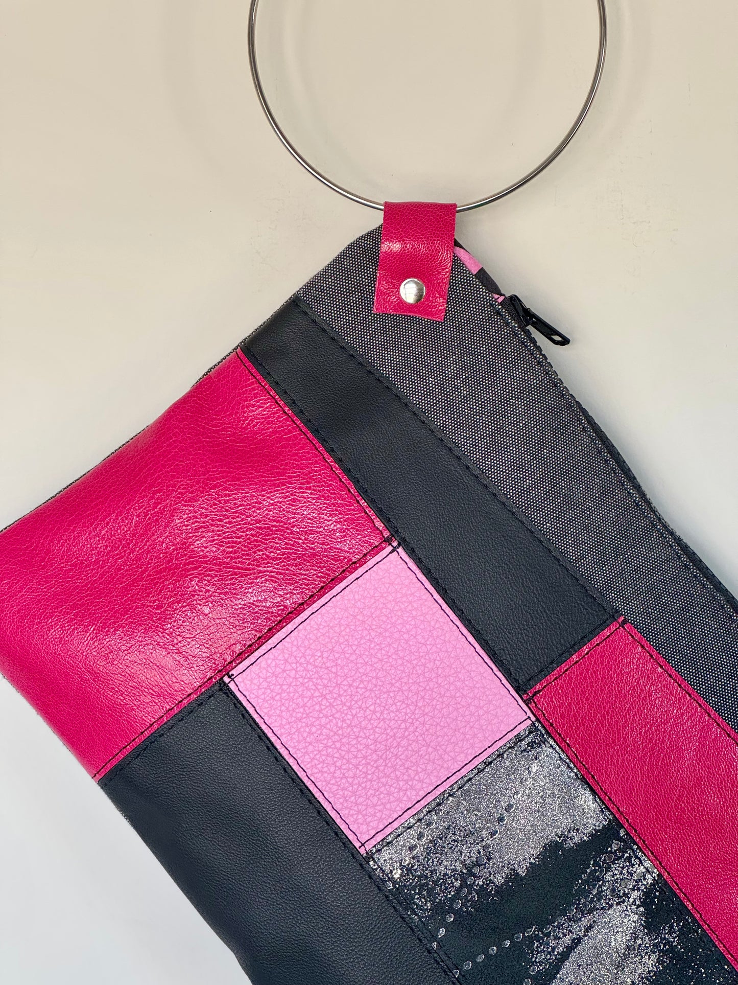 Pink & Black Leather Large Ring Clutch