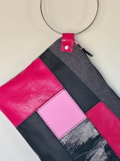 Pink & Black Leather Large Ring Clutch