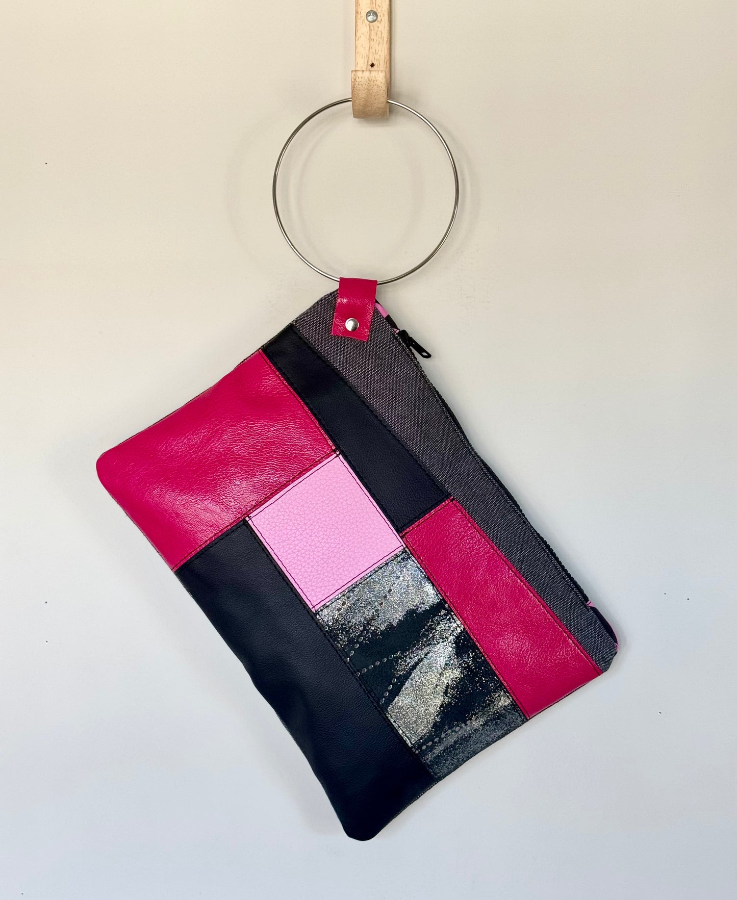 Pink & Black Leather Large Ring Clutch