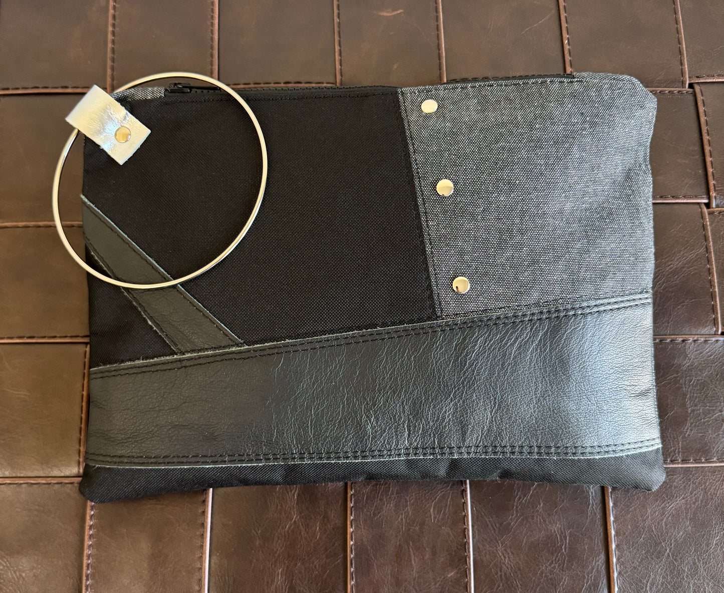 Black Leather & Denim Large Clutch