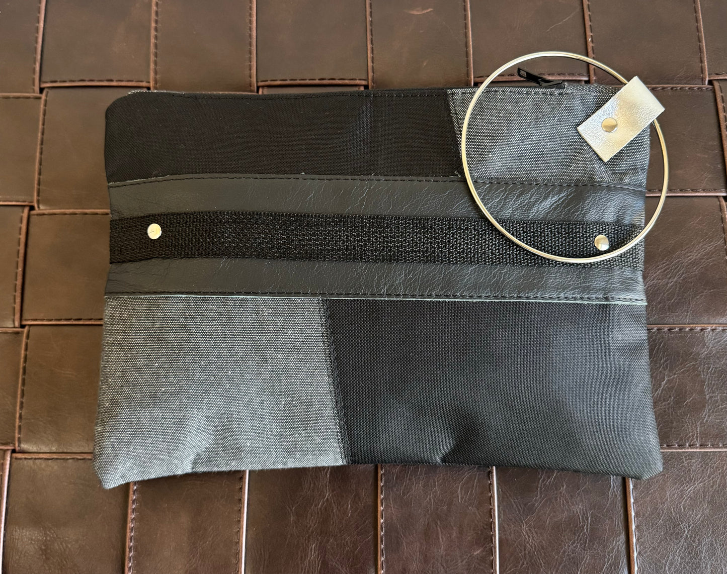 Black Leather & Denim Large Clutch