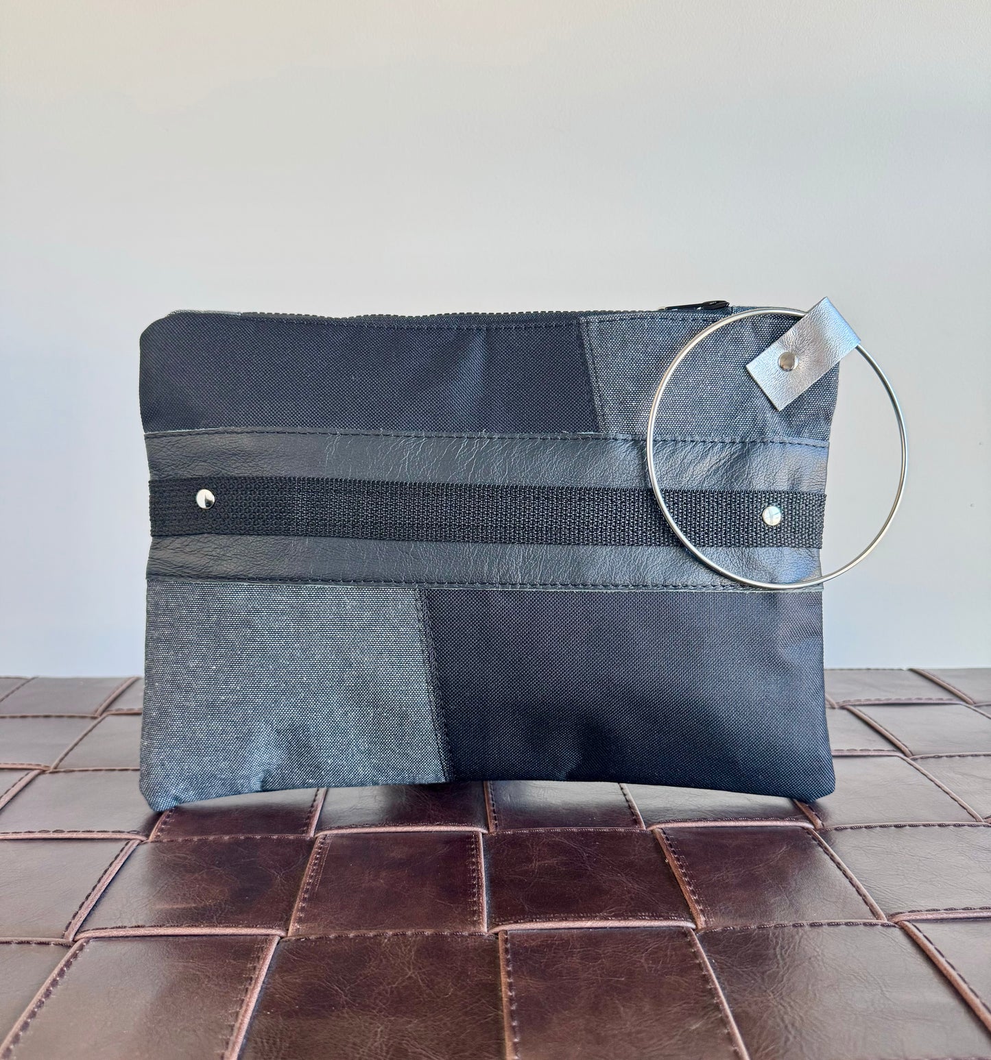 Black Leather & Denim Large Clutch