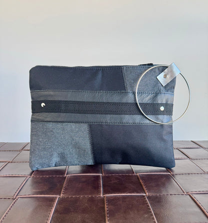 Black Leather & Denim Large Clutch
