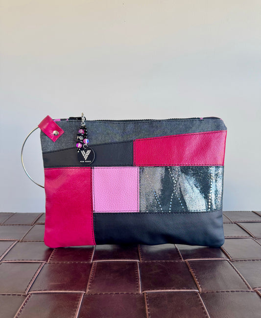 Pink & Black Leather Large Ring Clutch