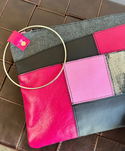 Pink & Black Leather Large Ring Clutch