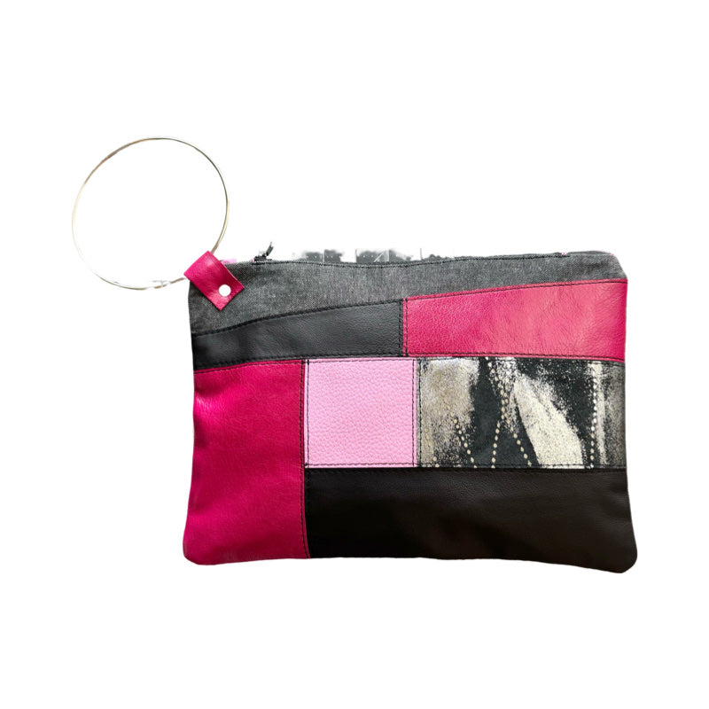 Pink & Black Leather Large Ring Clutch