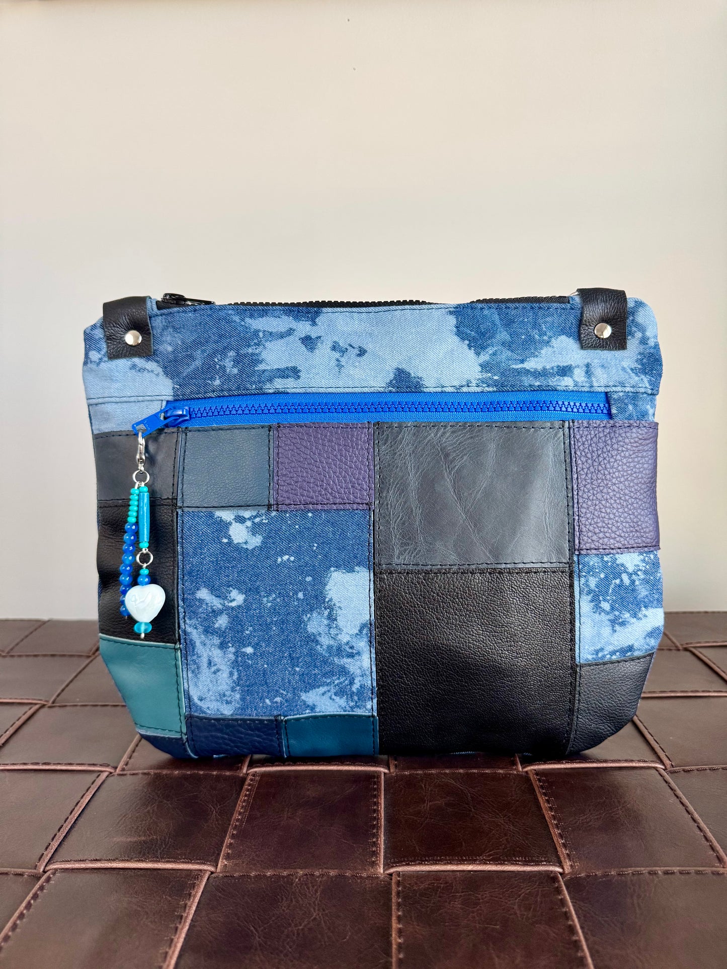 Blue Leather & Bleached Denim Crossbody
