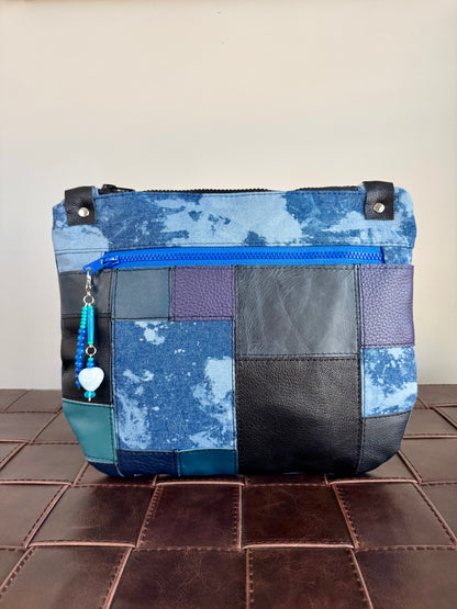 Blue Leather & Bleached Denim Crossbody
