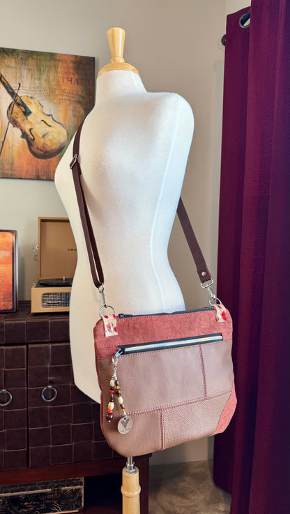 Brown Leather & Red Denim Crossbody