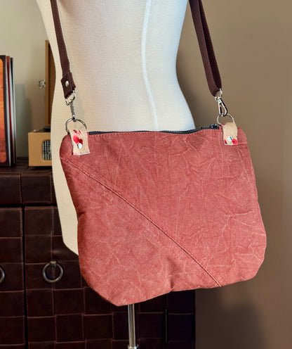 Brown Leather & Red Denim Crossbody