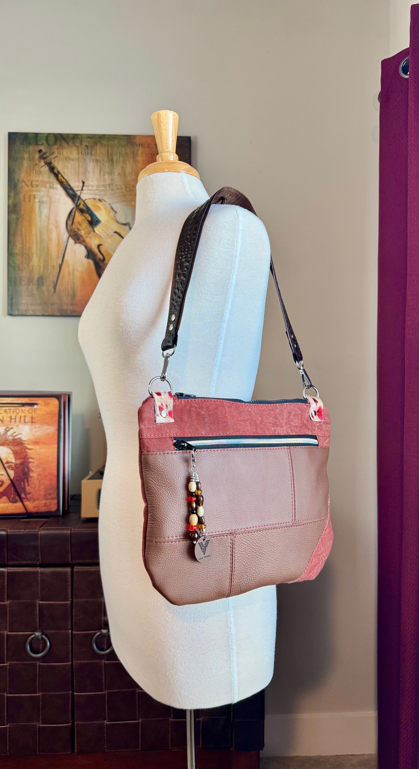 Brown Leather & Red Denim Crossbody