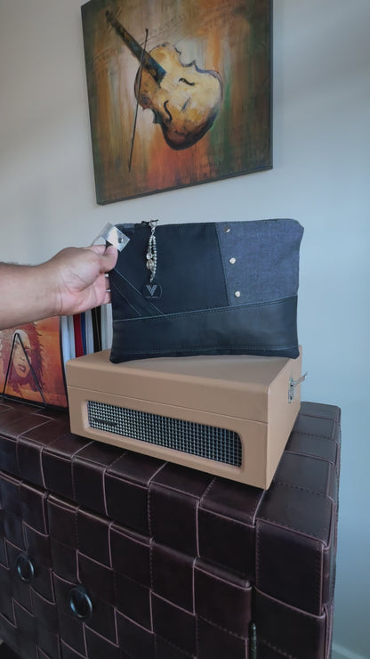 Black Leather & Denim Large Clutch