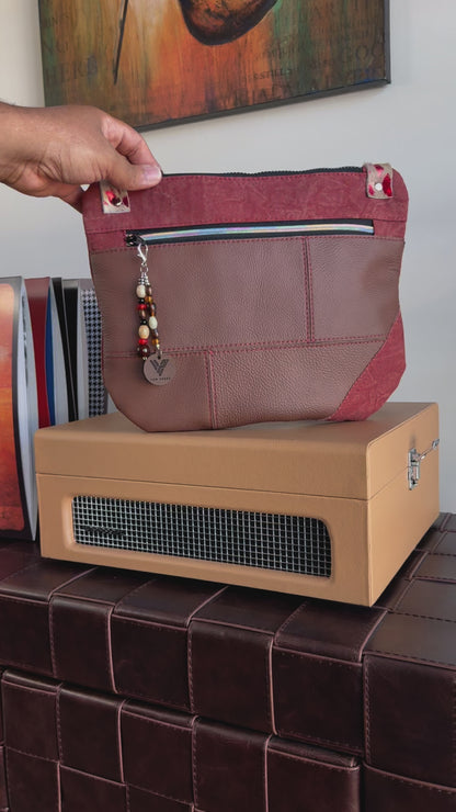 Brown Leather & Red Denim Crossbody