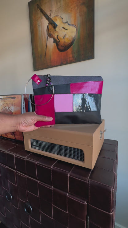 Pink & Black Leather Large Ring Clutch
